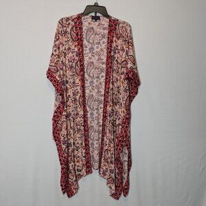 ARTESIA Pink Floral Paisley Long, Open Front Tunic Kimono; Size M/L